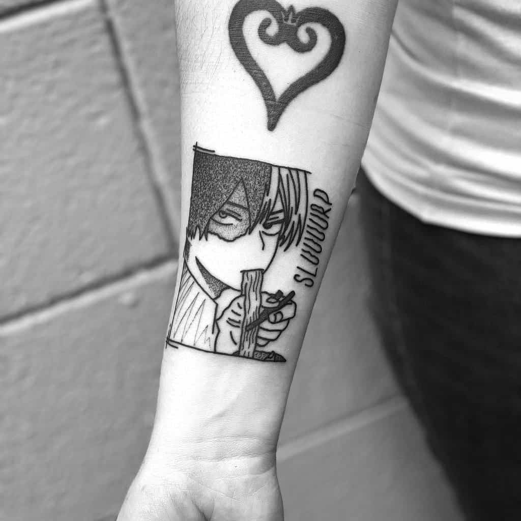 Black and grey manga-style tattoo of Shoto Todoroki from My Hero Academia, calmly eating noodles with the text 'SLUUUURP' beside him