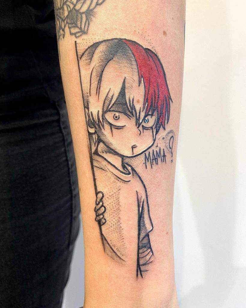 Emotional tattoo of young Shoto Todoroki from My Hero Academia, peeking from behind a door with the word 'Mama?' beside him