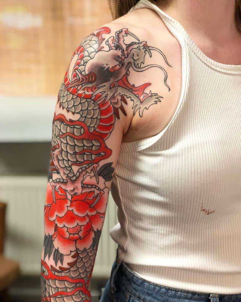 Arm with detailed dragon tattoo in red and black ink
