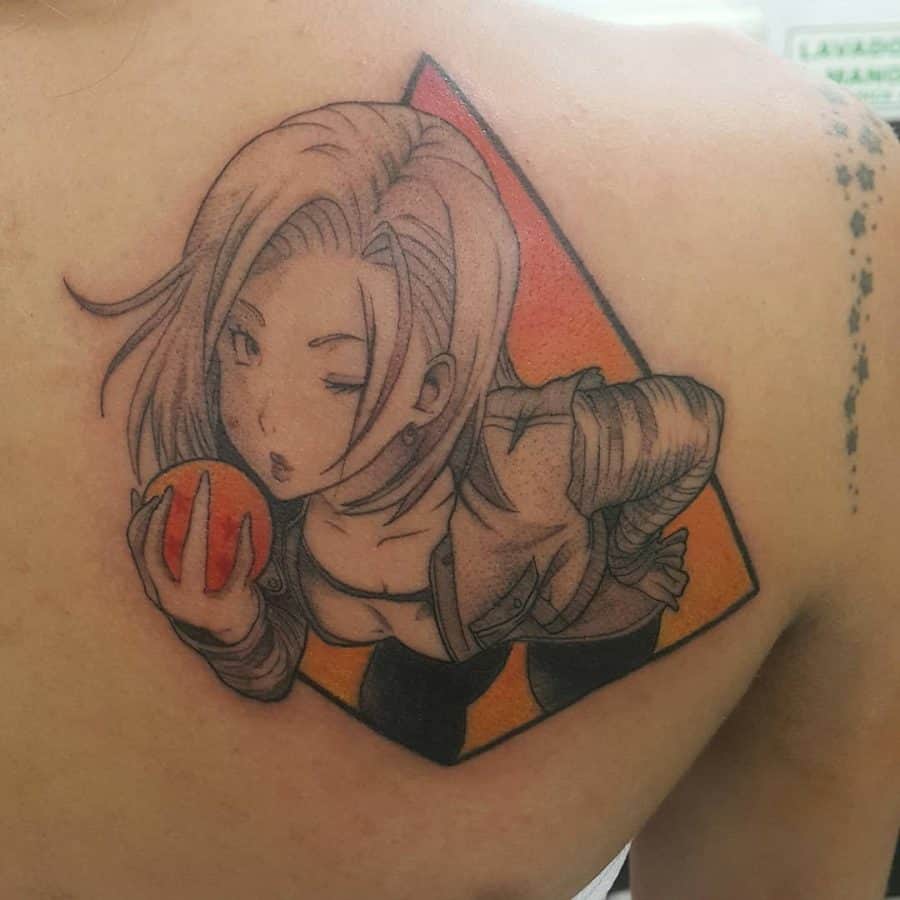 Tattoo of an anime character holding a sphere, inked on a person's upper back