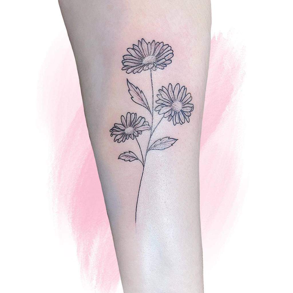 Minimalist tattoo with three delicate aster blooms, representing innocence and wisdom
