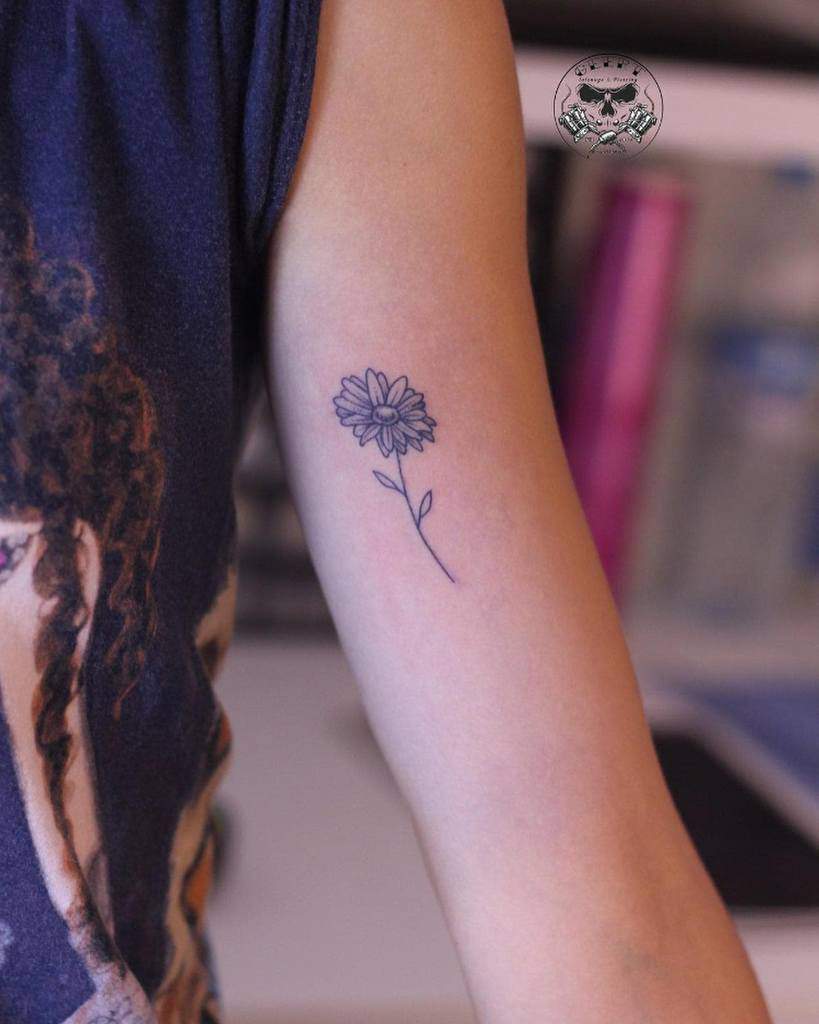 A small tattoo of an aster on a person's upper arm