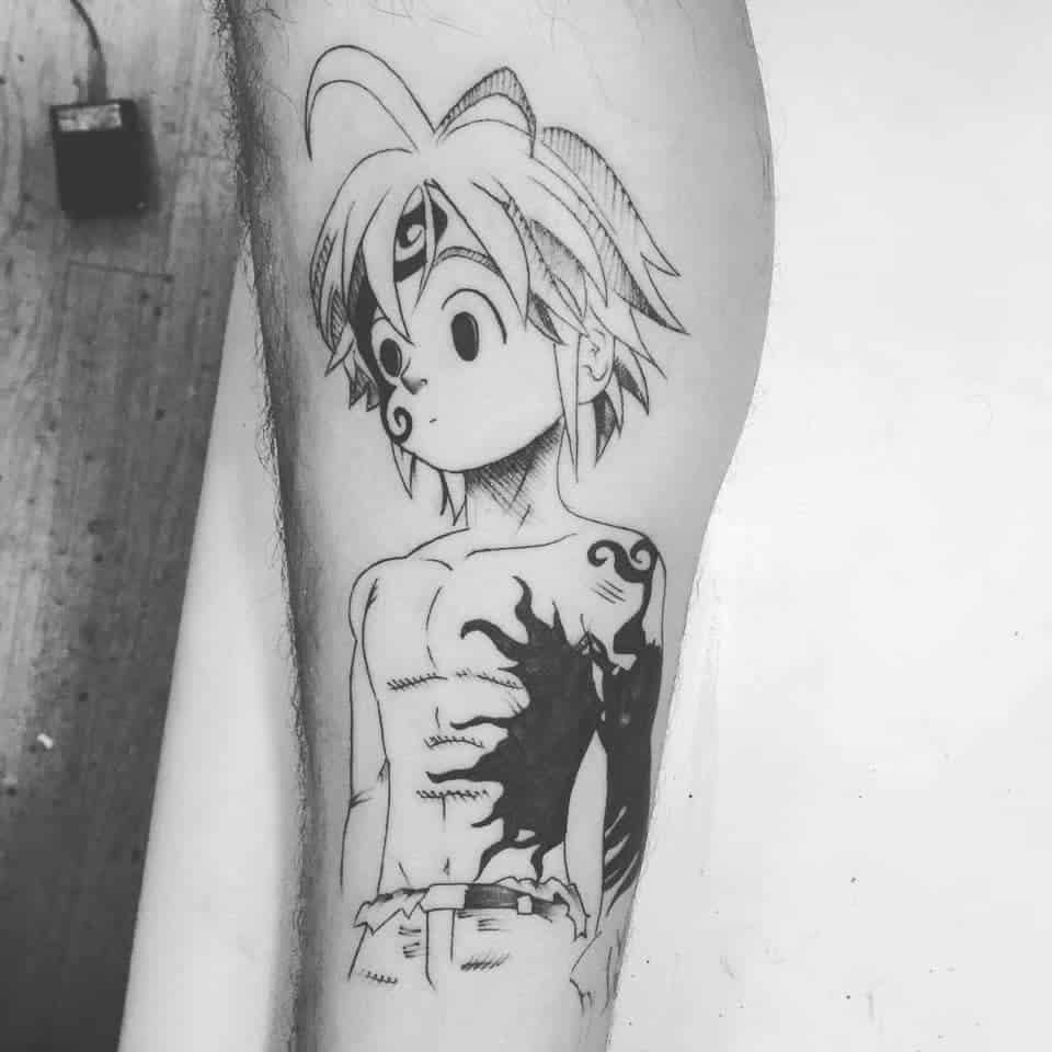 Black and white tattoo of Meliodas from The Seven Deadly Sins, showing his young form with a third eye and a dark ink splash on his torso, with a shirtless appearance