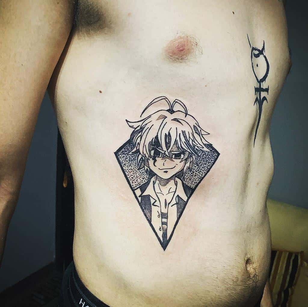Black and white tattoo of Meliodas from The Seven Deadly Sins, in a diamond-shaped frame, showing his third eye and confident expression