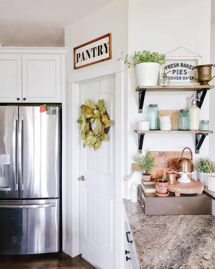 rustic kitchen with simple wood mounted shelves