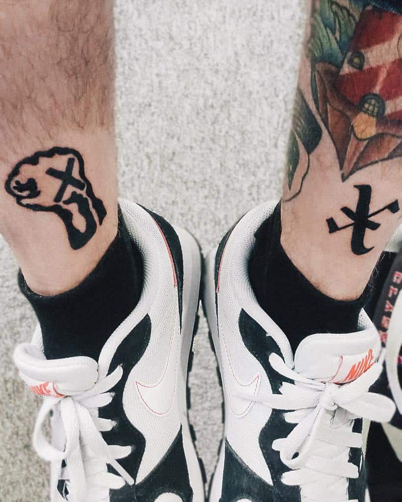 Straight edge ankle tattoos featuring a bold 'X' and a minimalist crossed hammer design on the other