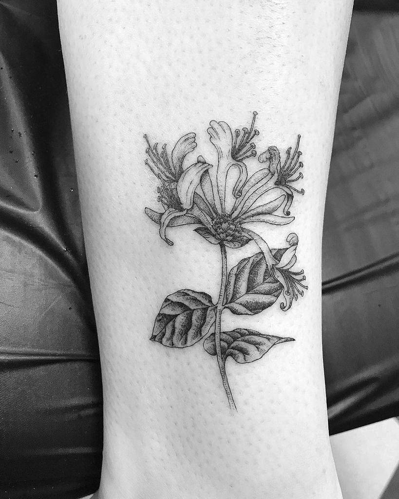 Tattoo of a honeysuckle flower with leaves on the skin in black and white