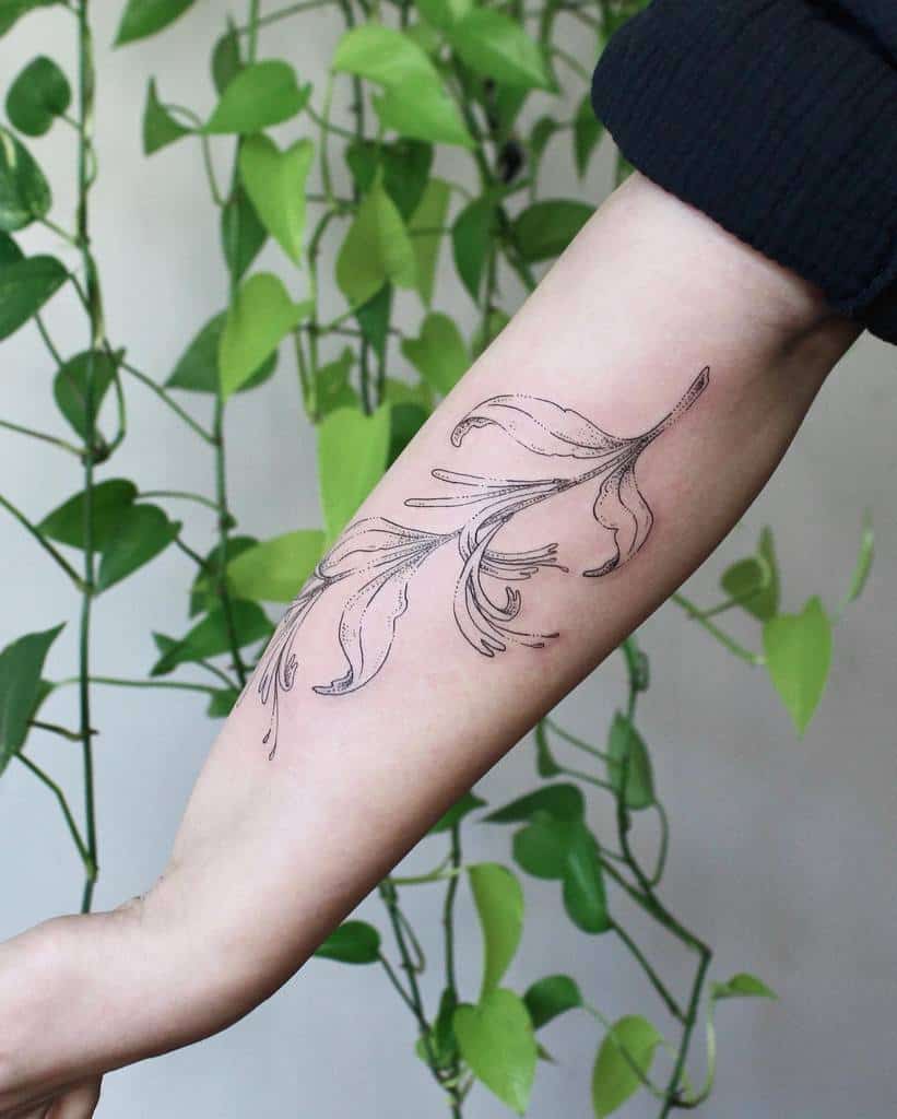 A minimalist honeysuckle tattoo with fine lines and light shading on the forearm
