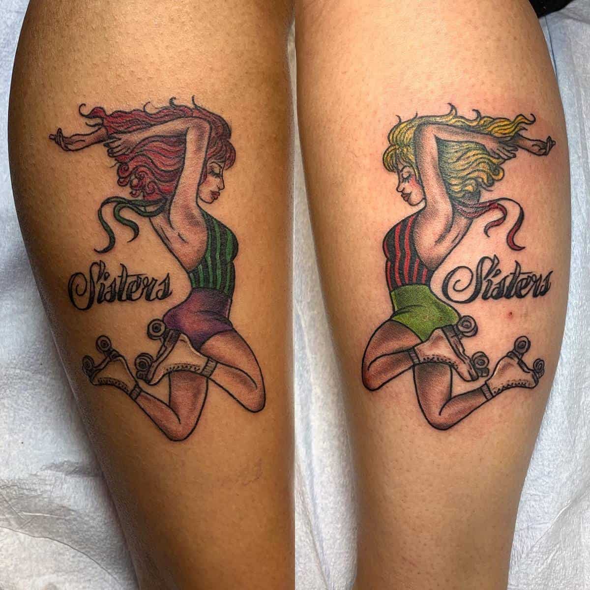 Matching roller-skater tattoos with "Sisters" text on each calf