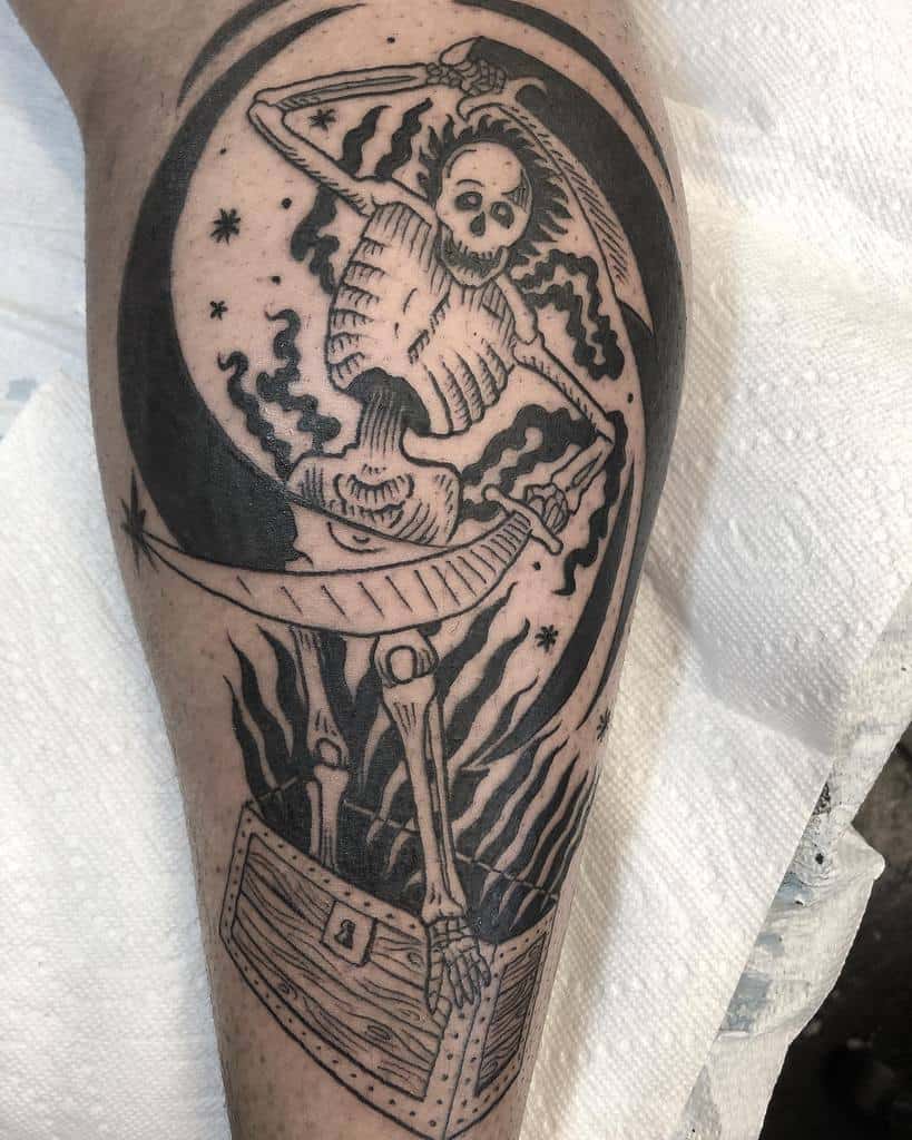 Black and grey tattoo of a skeleton wielding scimitars, rising from a treasure chest with eerie smoke, inspired by Dungeons & Dragons