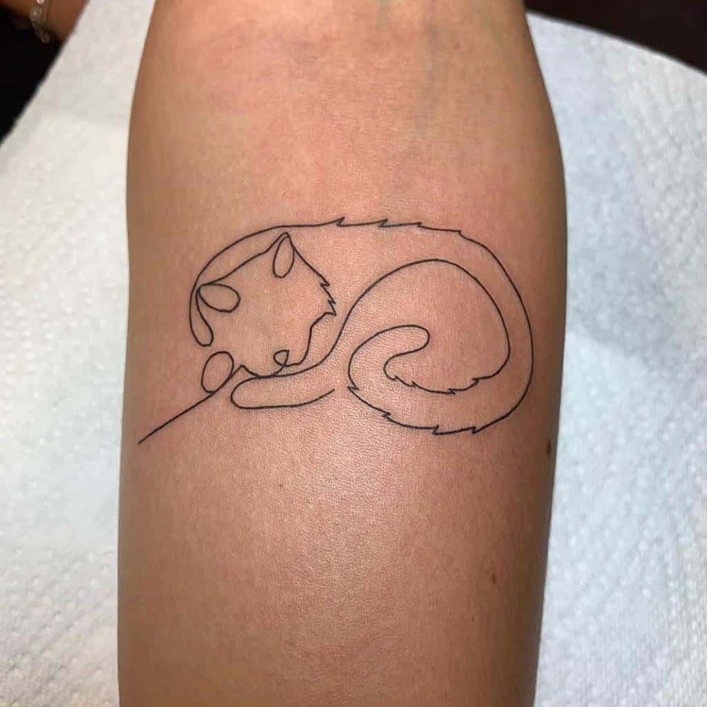 Line art tattoo of a sleeping cat with a curled tail on a forearm