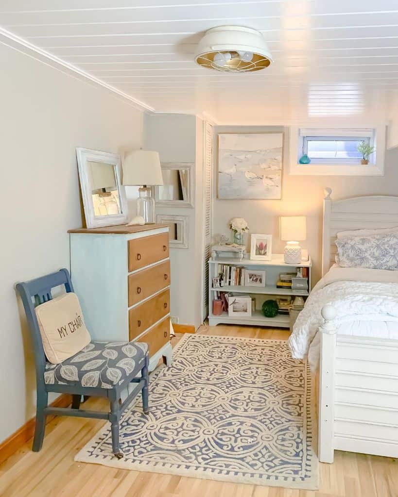 white shiplap ceiling in small vintage bedroom