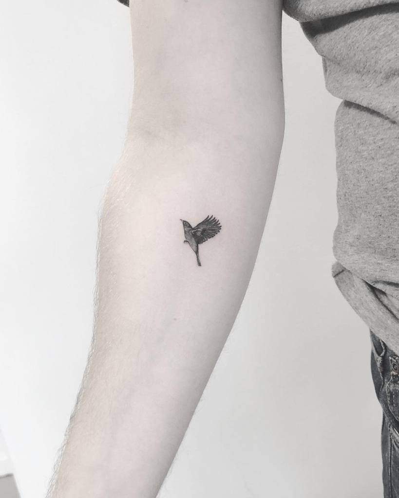 Minimalist hummingbird tattoo on a forearm