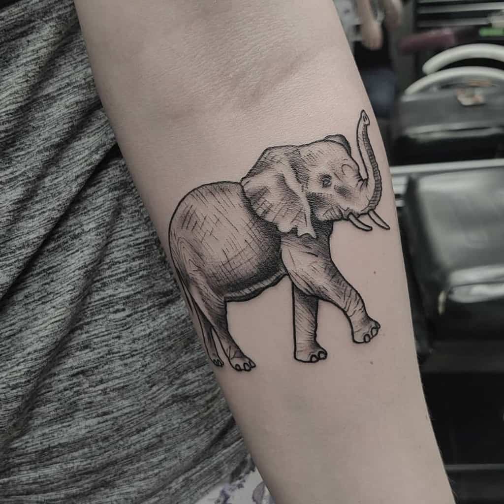 A detailed line drawing of an elephant tattooed on a forearm