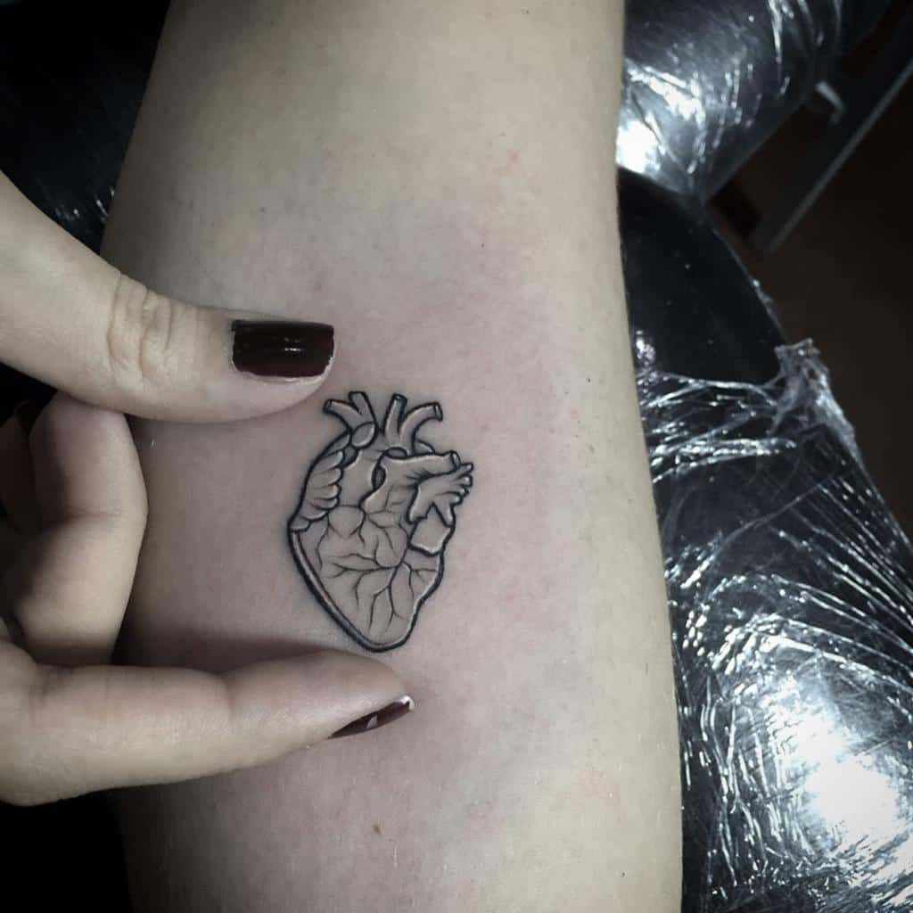 Tattoo of a detailed anatomical heart on a person's arm