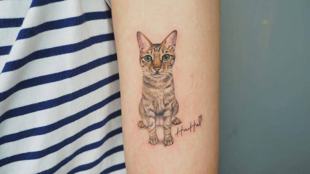 Colorful tattoo of a sitting tabby cat with lifelike details, accompanied by a small signature and heart below.