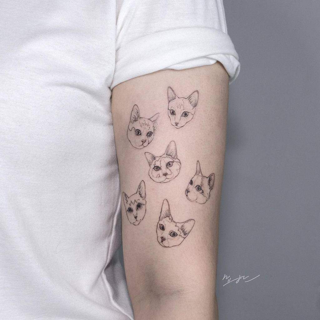 Line art tattoo of six cat faces on a person's upper arm