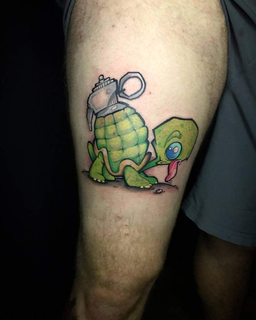 A cartoon turtle with a grenade shell and a dazed expression