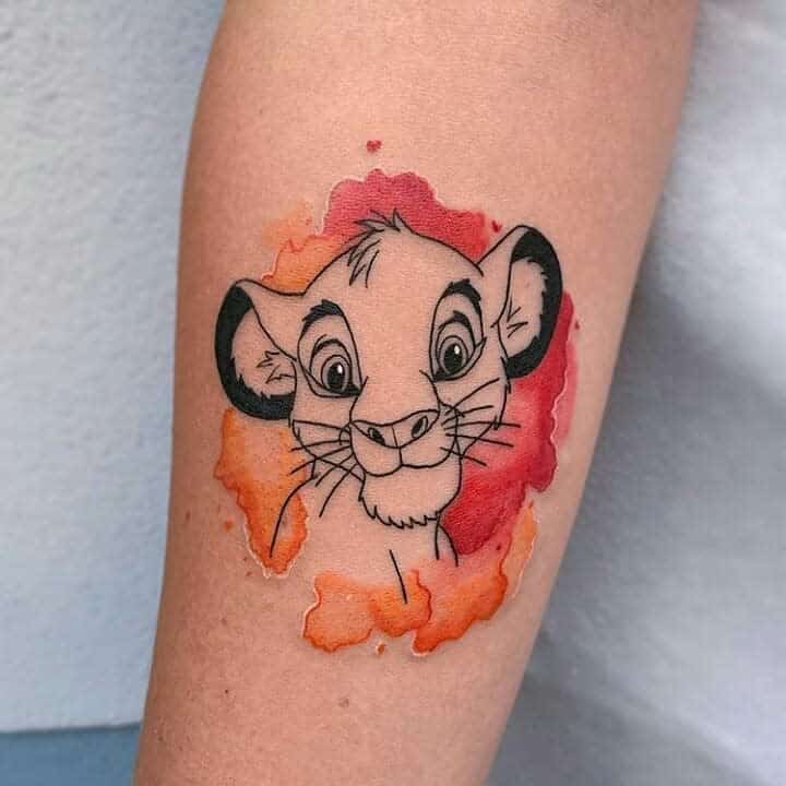 Playful Simba portrait with watercolor accents, capturing his innocence and charm in vivid detail