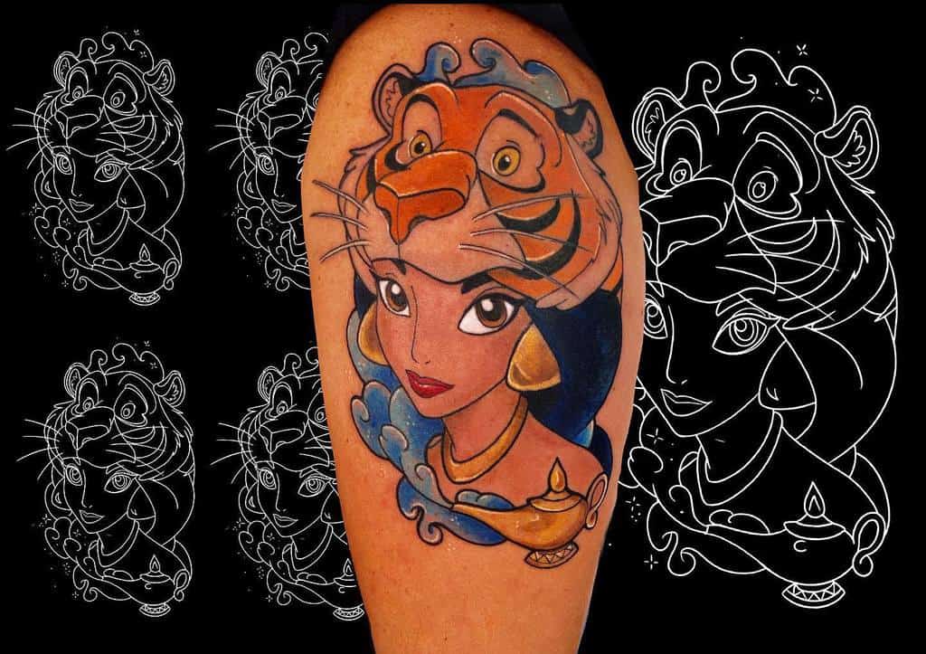 A vibrant tattoo of Princess Jasmine, blending her with a tiger head and a genie lamp, capturing her adventurous spirit and regal essence
