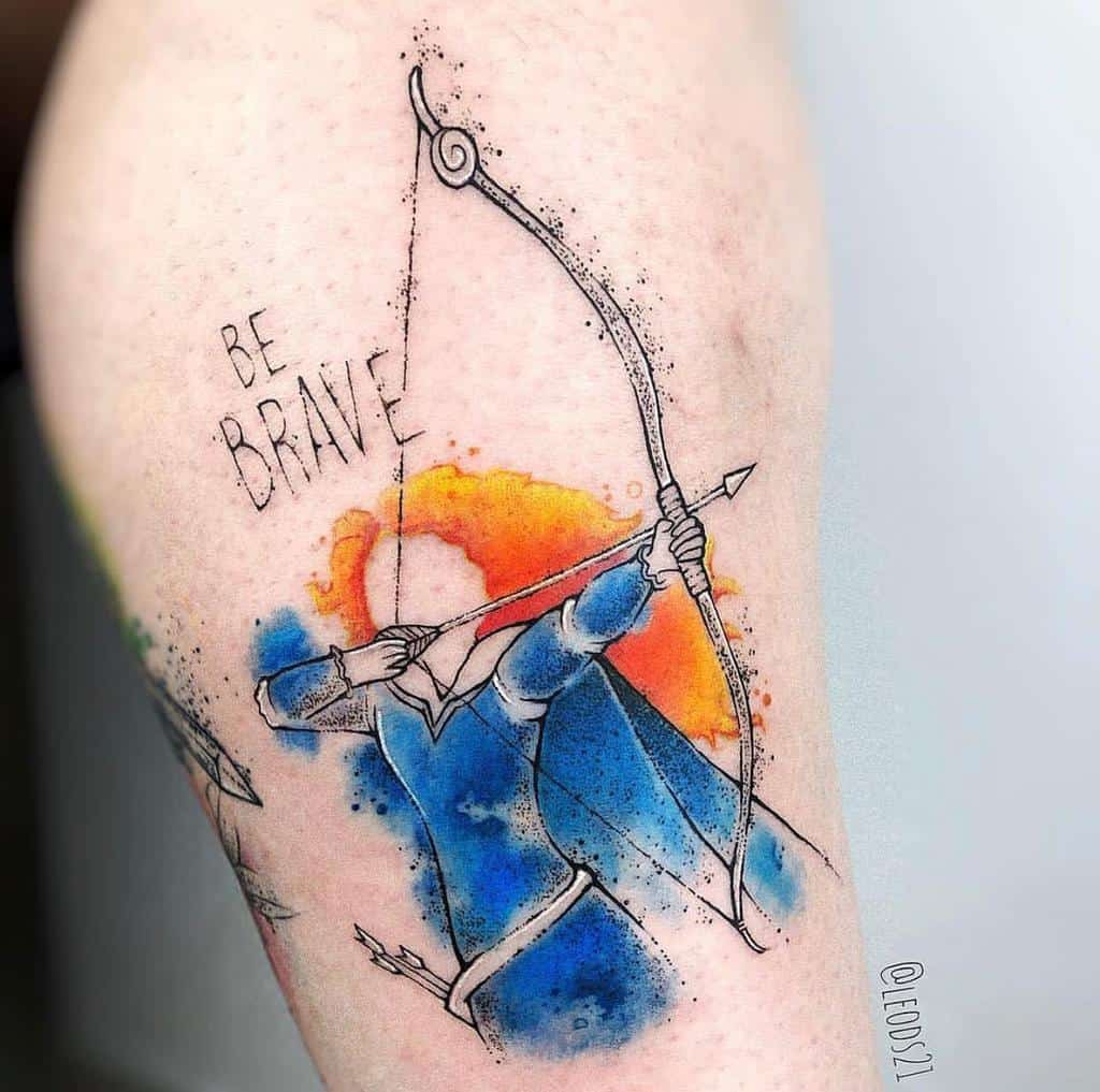 Merida from Brave, with her bow drawn and the inspiring words "BE BRAVE," captured in vibrant watercolor shades