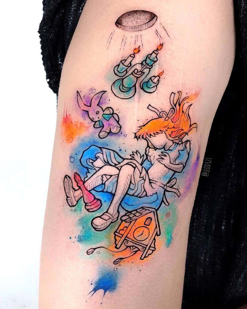 A playful scene with an animated character surrounded by whimsical elements, captured in vibrant watercolor splashes