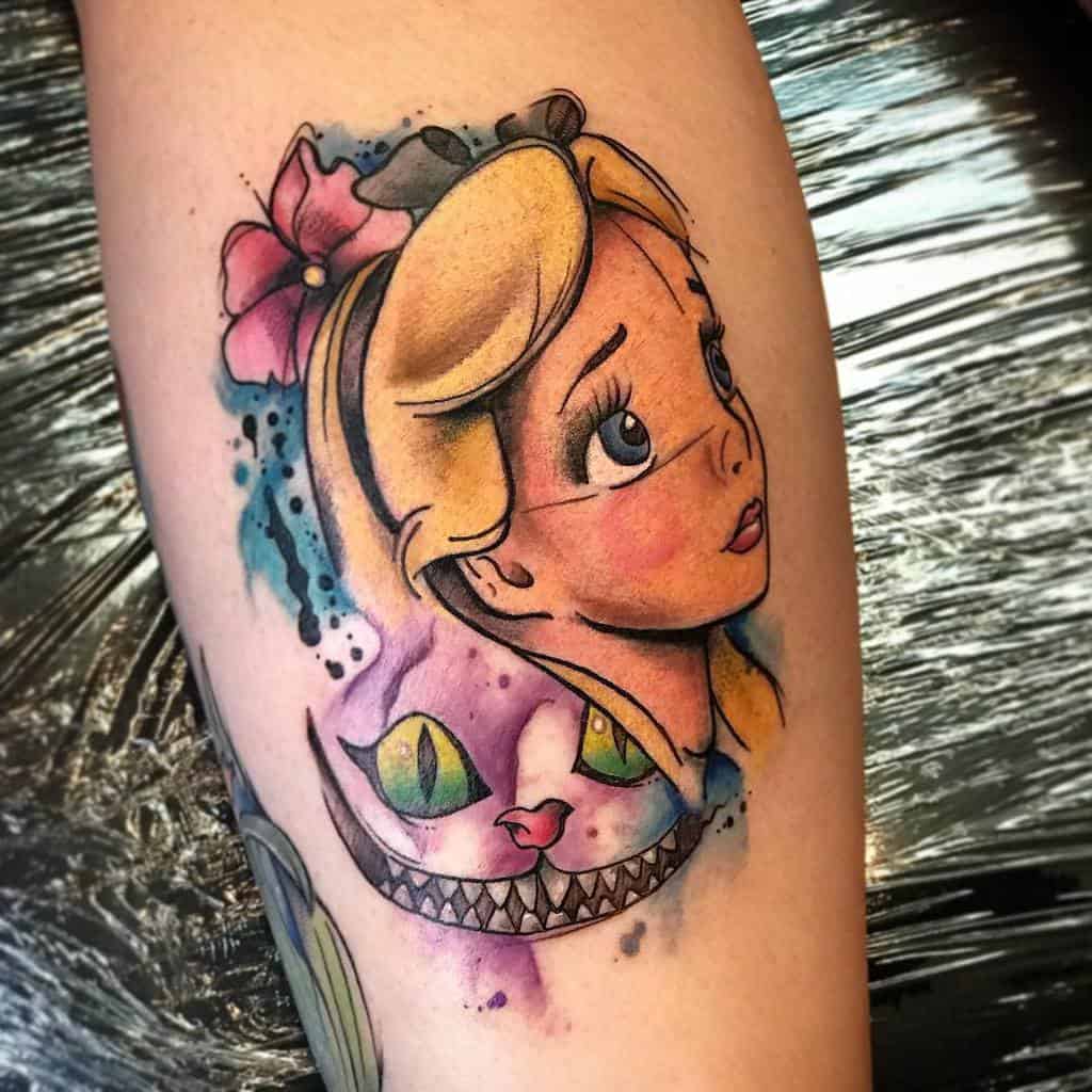 A whimsical Alice in Wonderland tattoo with vibrant watercolor details, featuring Alice and the mischievous Cheshire Cat