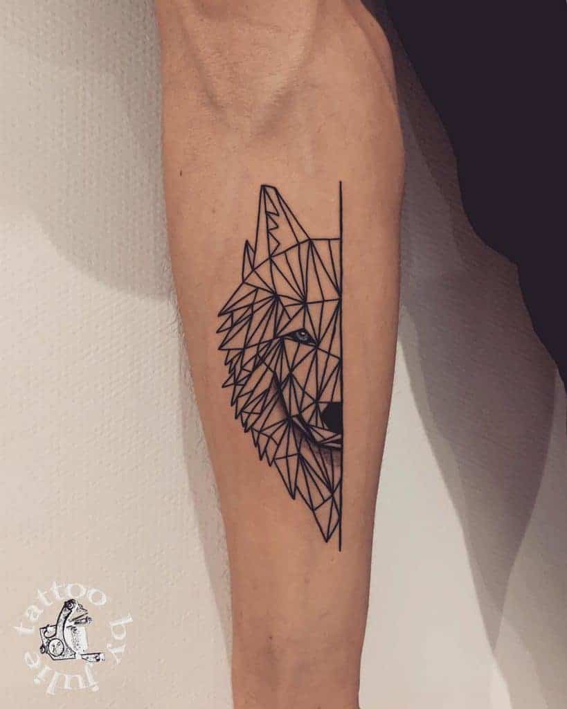 A geometric wolf tattoo graces a person's forearm, artfully veiled by the interplay of light and shadow