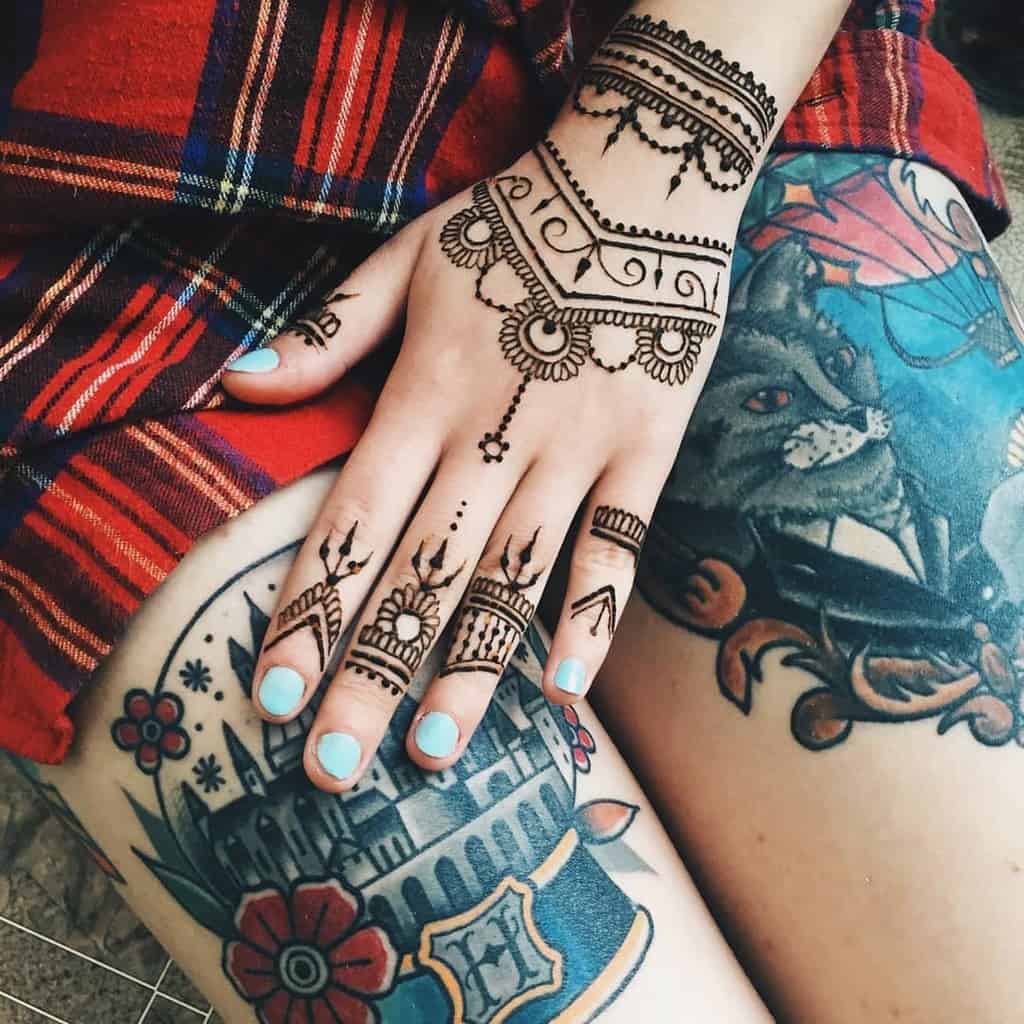 Person with intricate henna on hand 