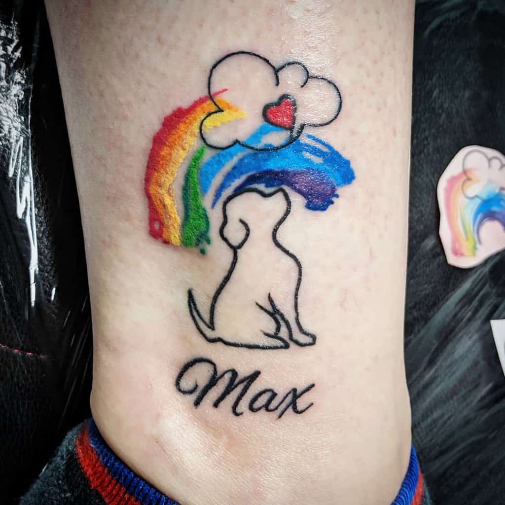 Tattoo of a dog with a cloud and rainbow above, plus the name "Max" underneath