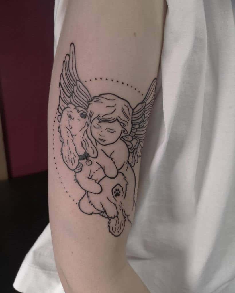 Tattoo of a winged child hugging a dog on an arm