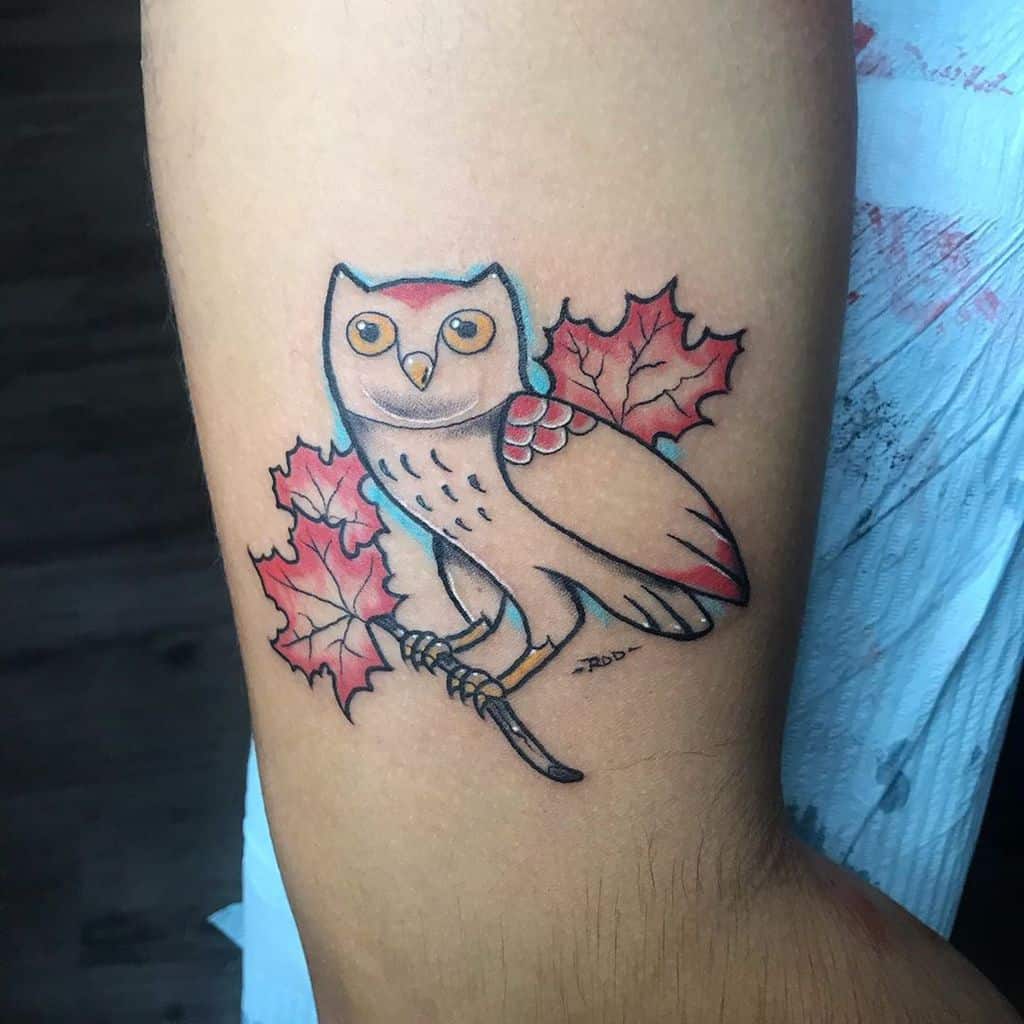 Tattoo of an owl with red maple leaves on a person's arm