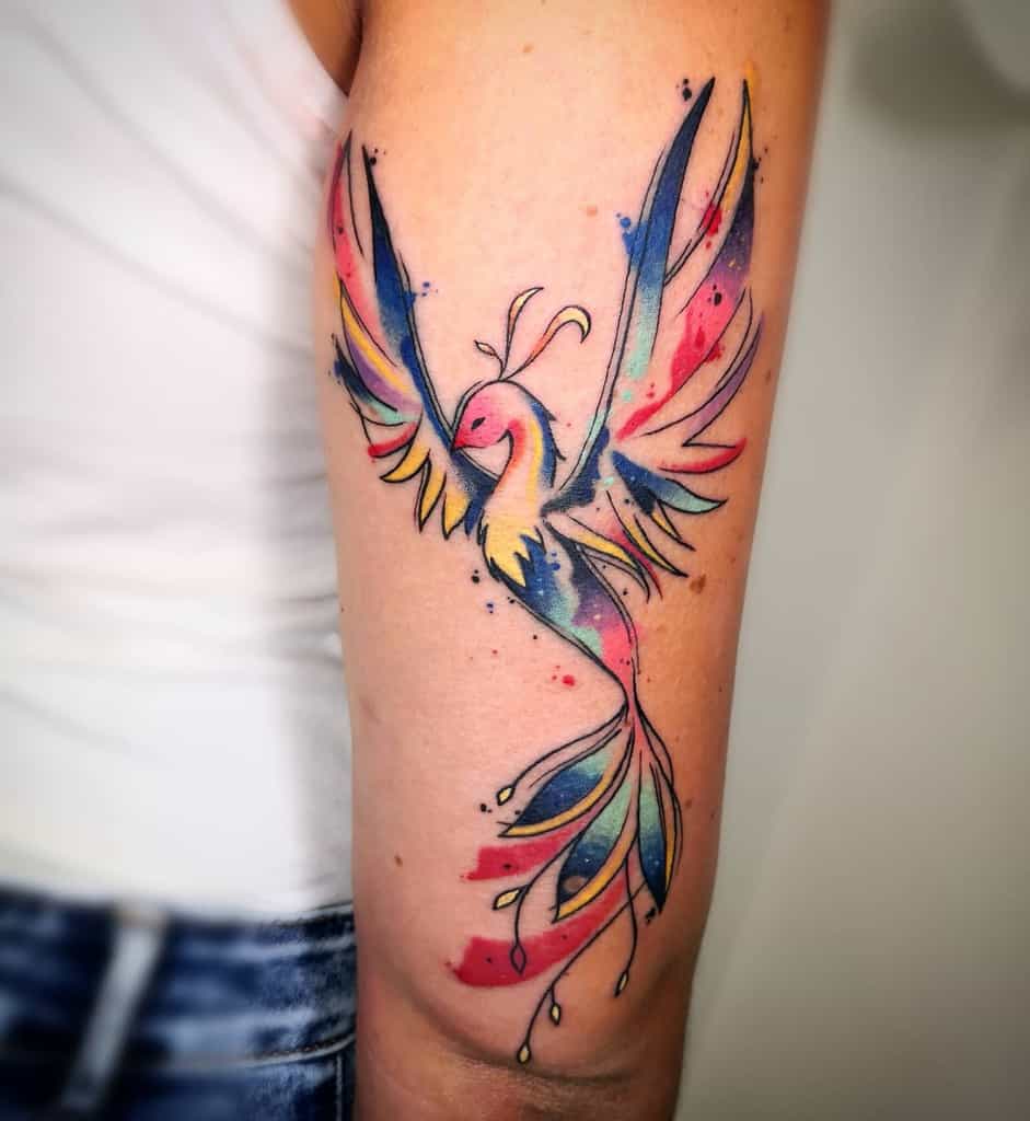Colorful phoenix tattoo design on an arm