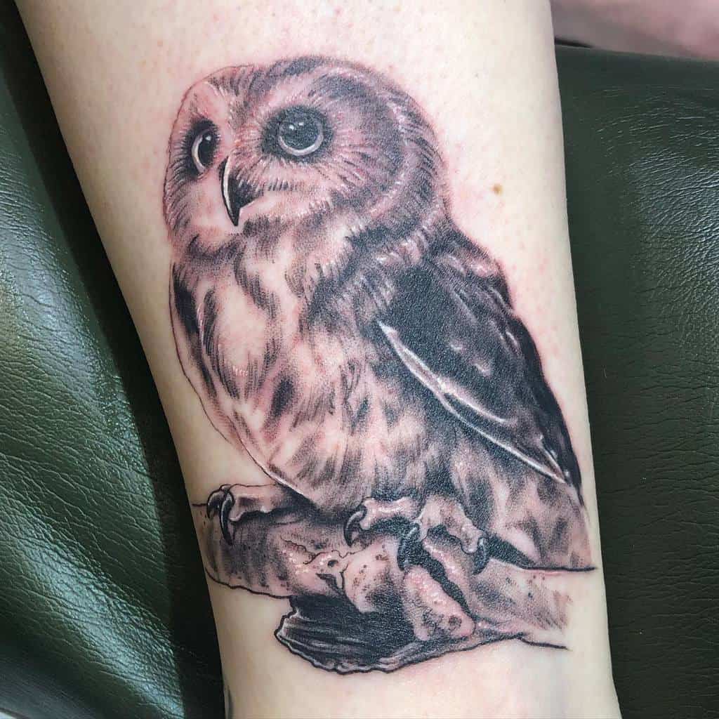 A tattoo of a perched owl on an arm, showcasing intricate shading and texture that brings the majestic bird to life