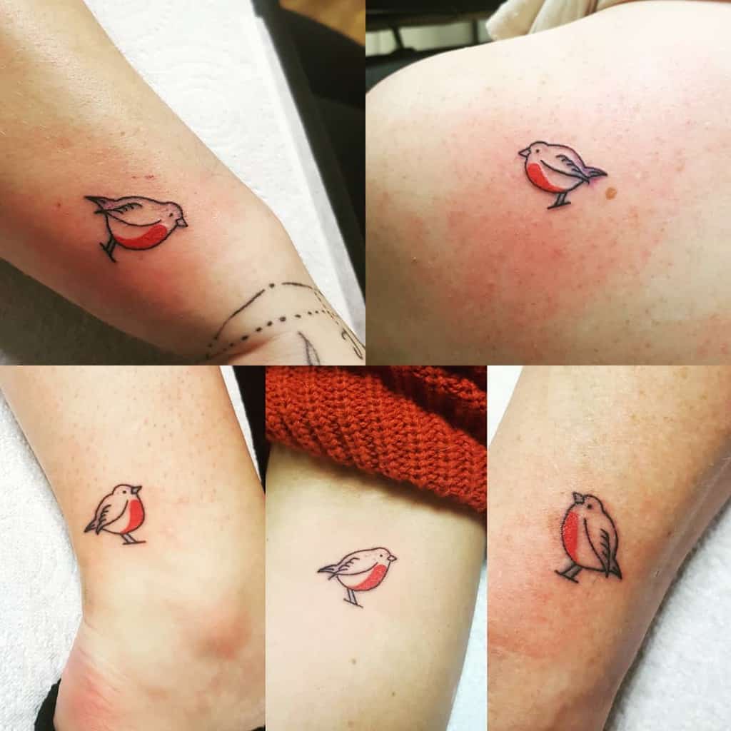 Collage of small robin tattoos with simple black outlines and red breast, showcasing a minimalist design