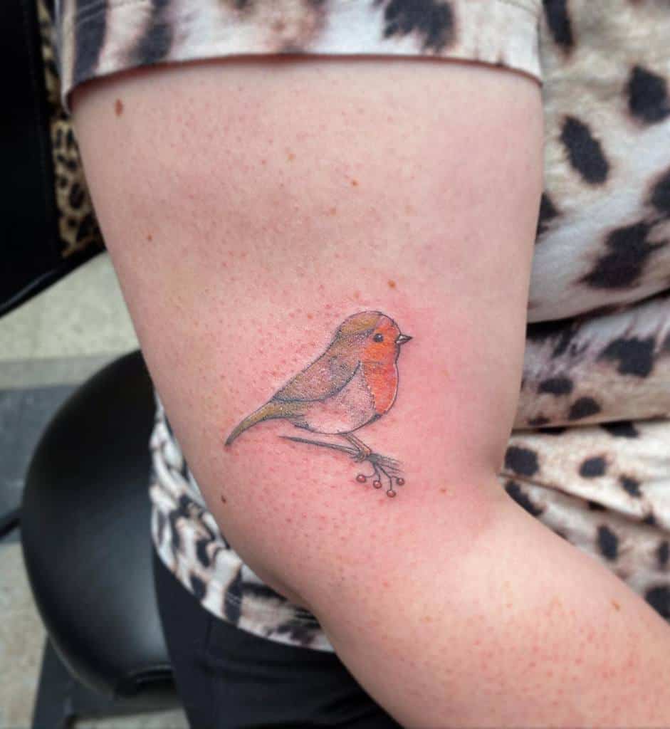 A tattoo of a small robin with orange and brown feathers perched on a branch with berries