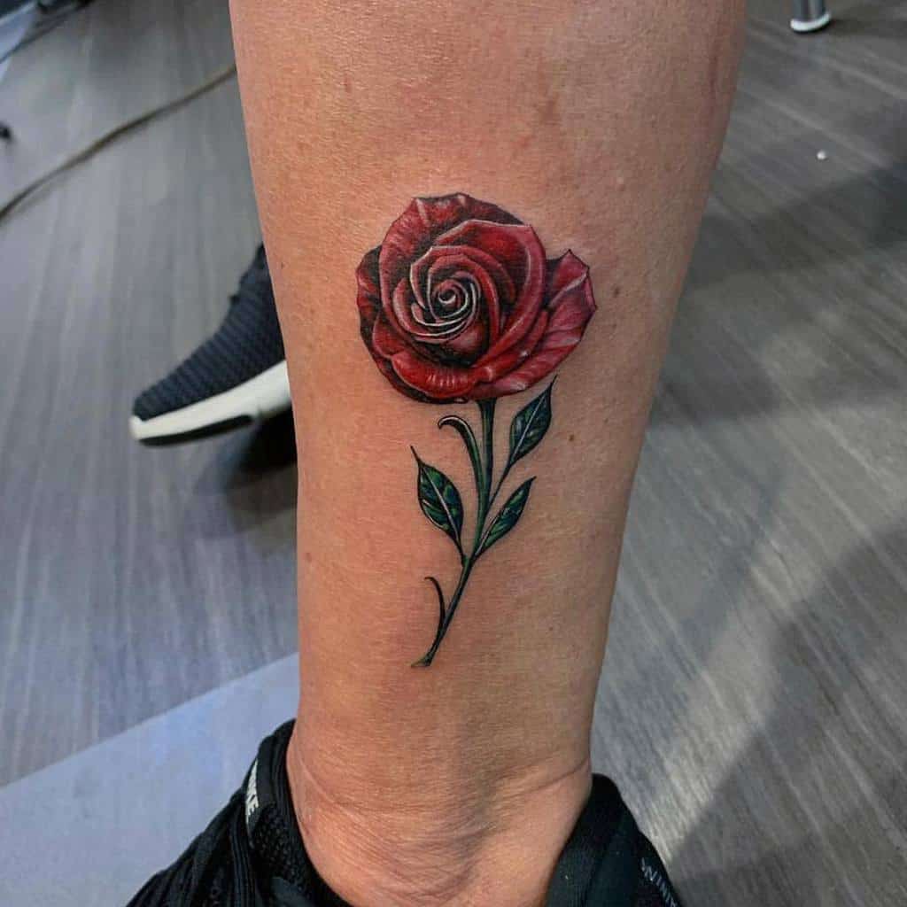 A detailed red rose tattoo with green leaves on a leg