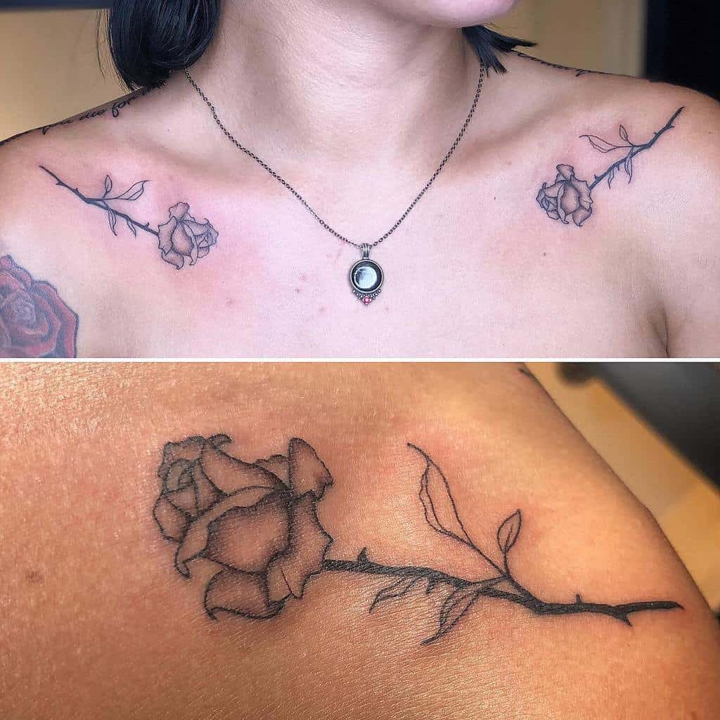 Two rose tattoos on shoulders, one on each side, with a close-up of a rose tattoo below