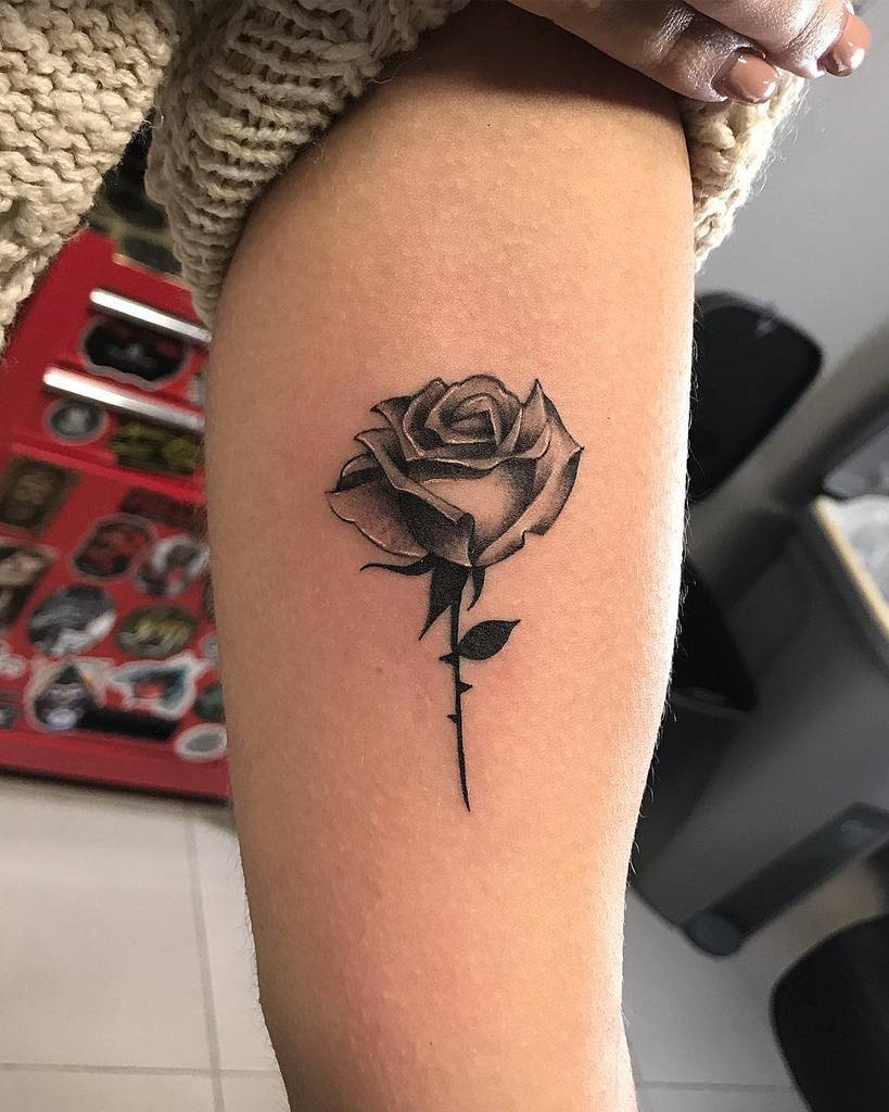 Black and gray rose tattoo on a person's arm