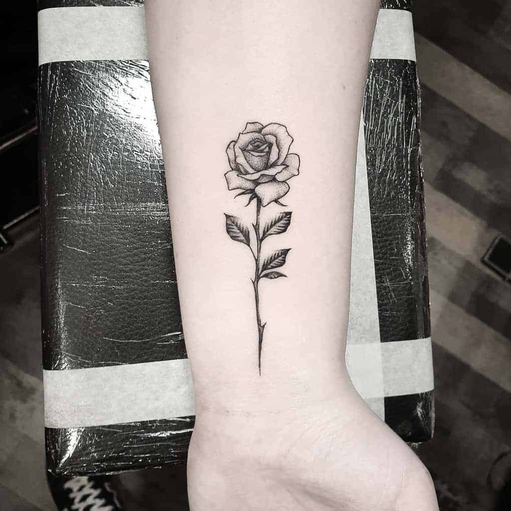 Forearm tattoo of a realistic black and gray rose with a long stem and leaves