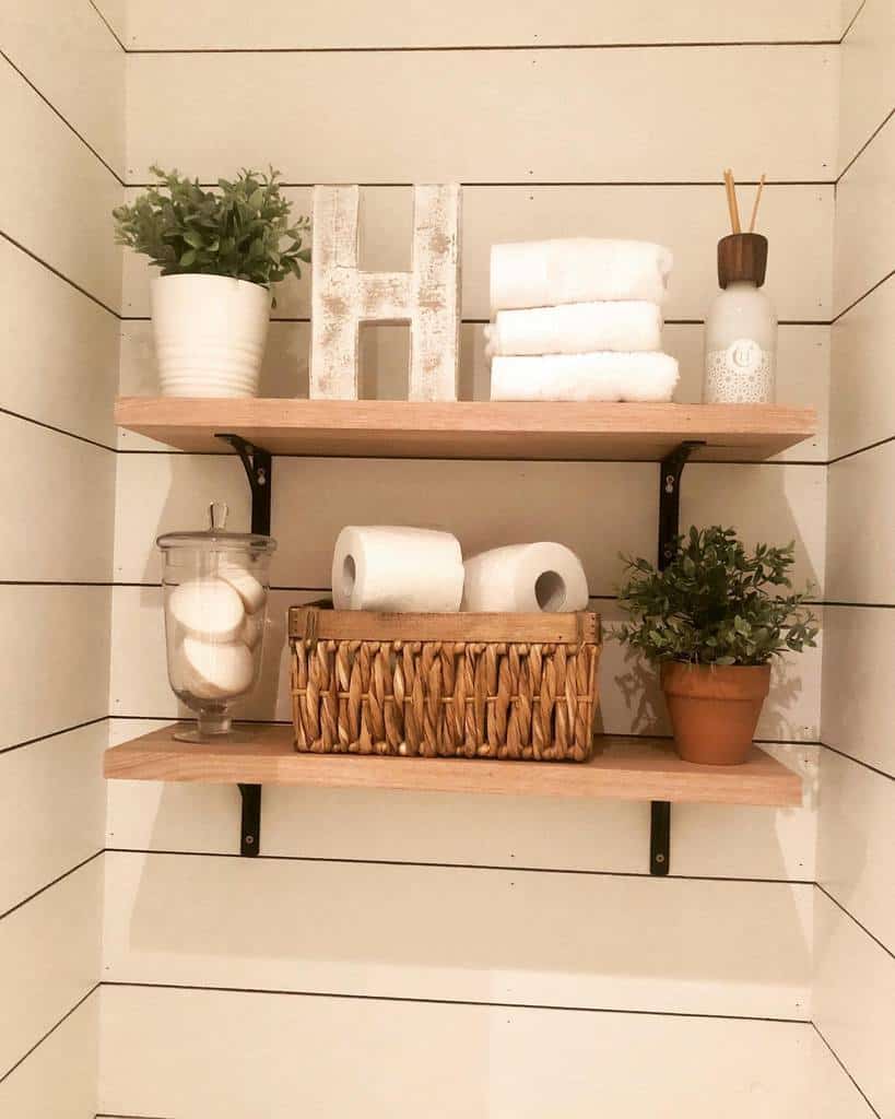 small shelving unit in bathroom