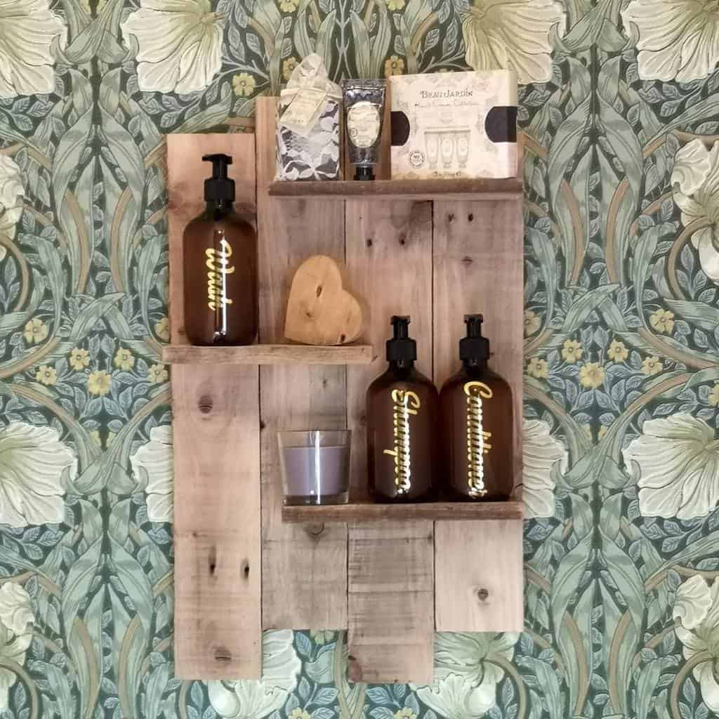 wall mounted wood shelf in bathroom