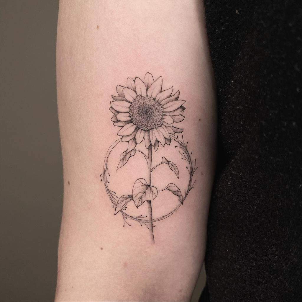 Black ink tattoo of a sunflower with fine line detailing and a circular vine design on the upper arm