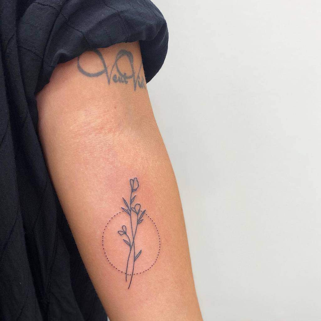 A fine-line sweet pea tattoo with a dotted circle accent, creating a delicate and geometric design on the arm