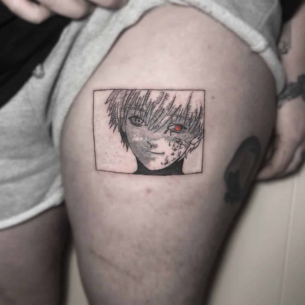 Small thigh tattoo of Kaneki Ken from Tokyo Ghoul, featuring his face with detailed shading and a red ghoul eye
