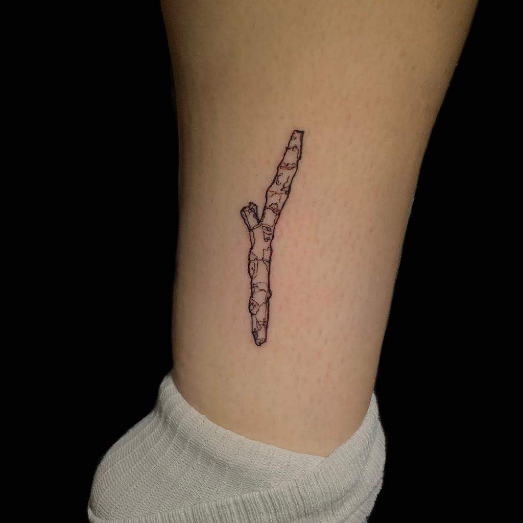 A simple tattoo of a branch on a lower leg