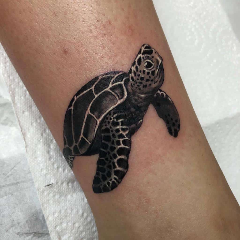 Realistic sea turtle tattoo on an arm