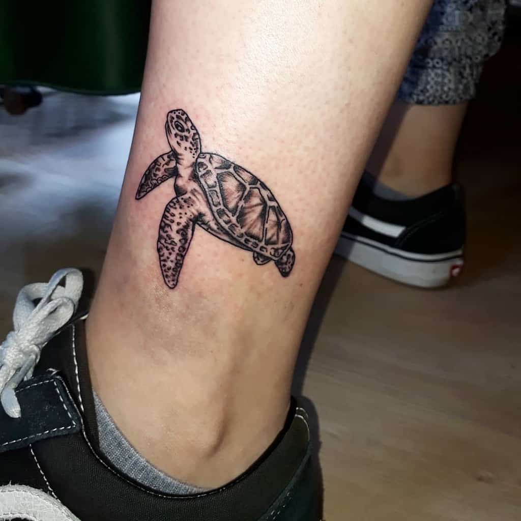 Turtle tattoo on an ankle next to a sneaker