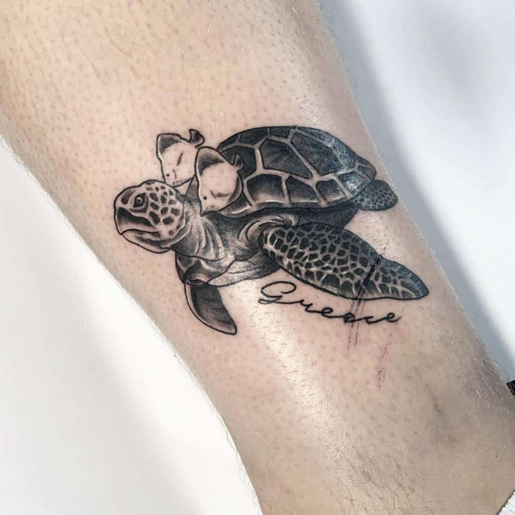 A tattoo depicting a sea turtle with the word "Greece" underneath