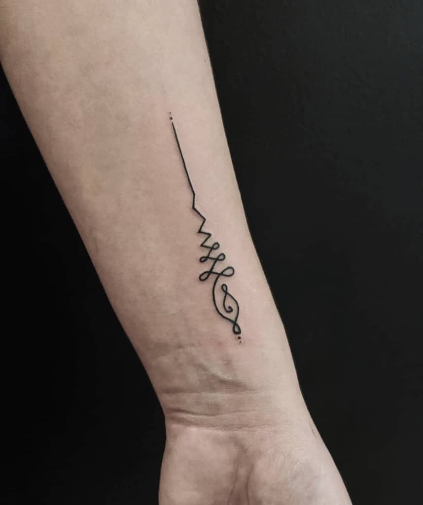 Minimalistic line tattoo on a wrist featuring a zigzag pattern and an abstract design